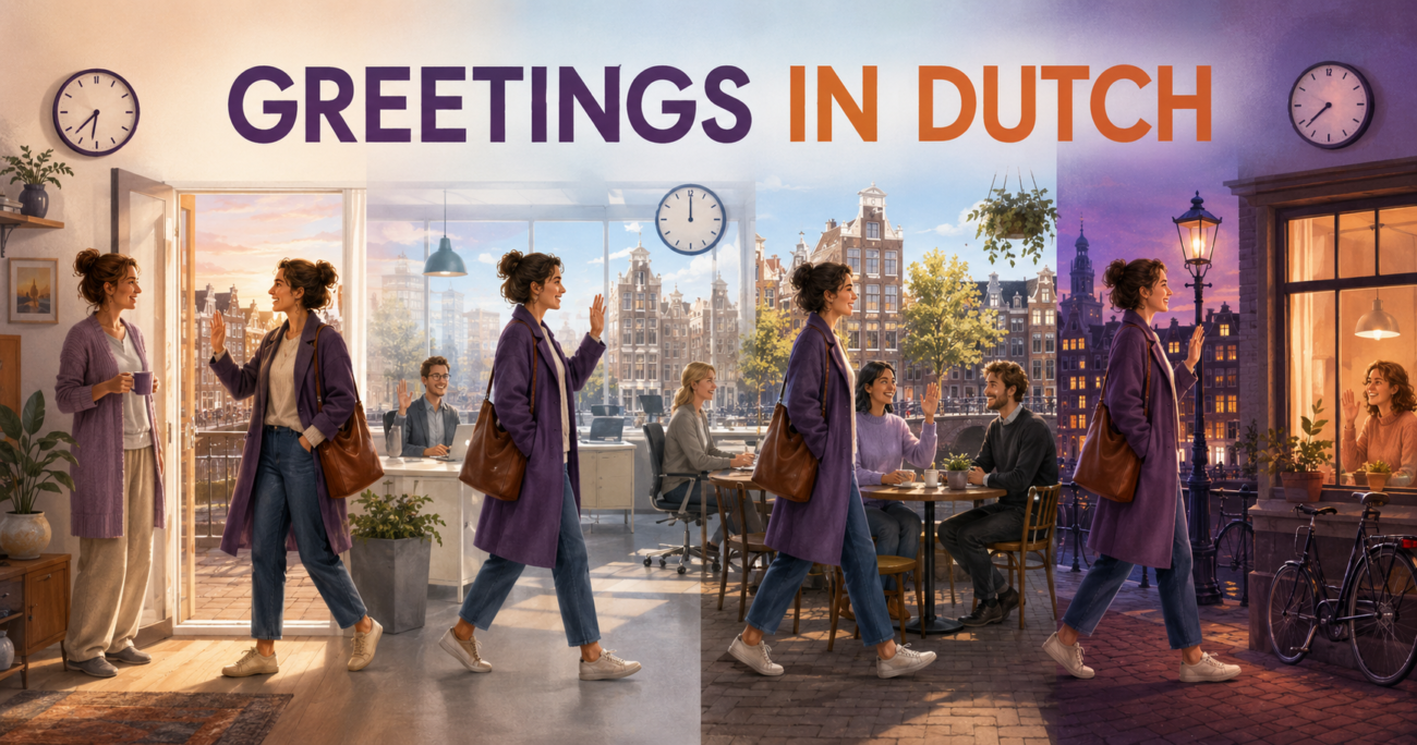 Woman learning greetings in Dutch from morning to evening in different everyday situations.