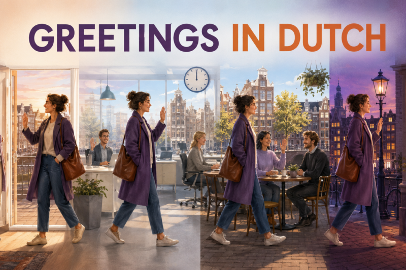 Woman learning greetings in Dutch from morning to evening in different everyday situations.