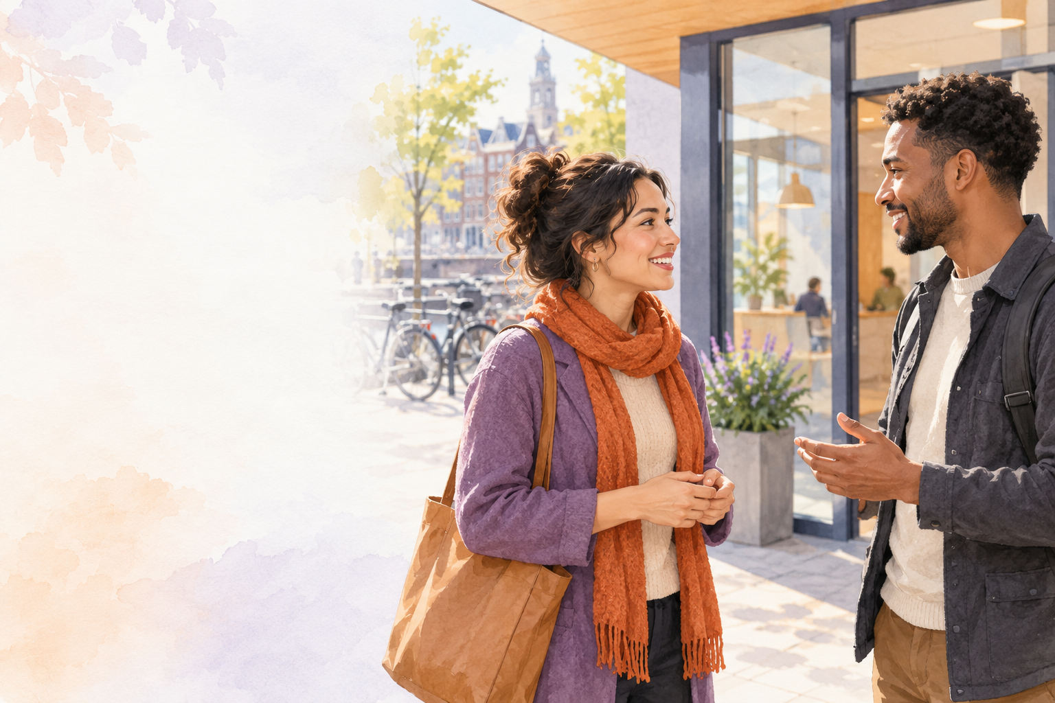 Two adults meeting and introducing themselves in Dutch outside a workplace