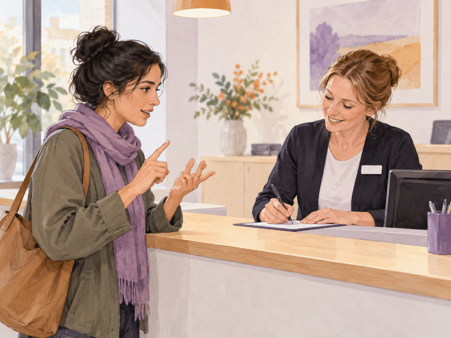 A woman spelling her personal details to a receptionist